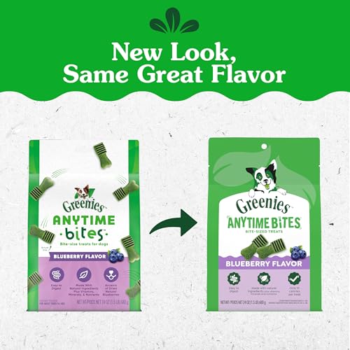 Close-up of Greenies Anytime Bites texture with blueberry flavor for frequent rewards.