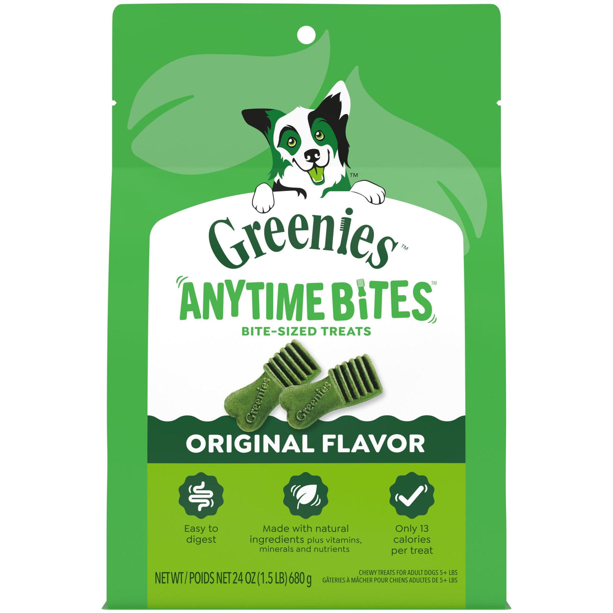 Greenies Anytime Bites original bag showing small, savory treats for frequent rewards.