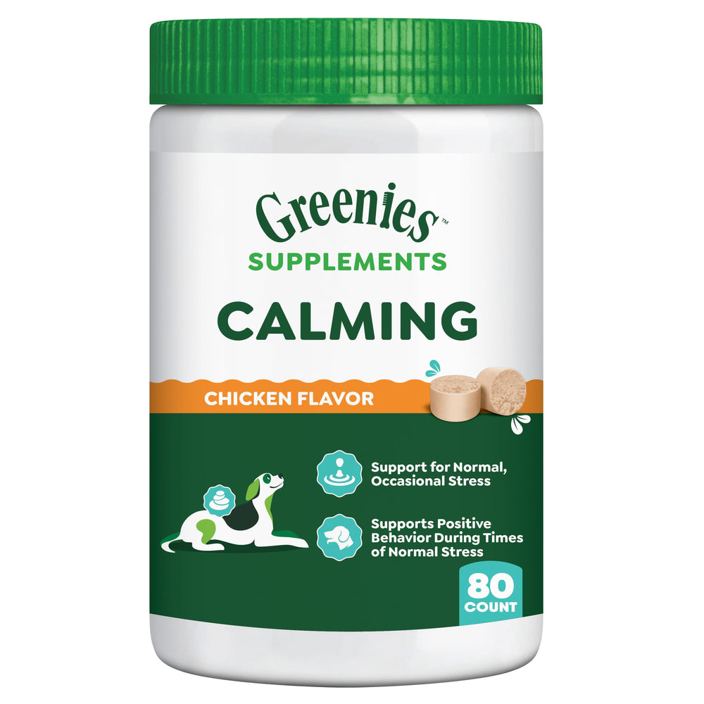 Greenies Calming Chews bottle label shows real chicken flavor for dogs