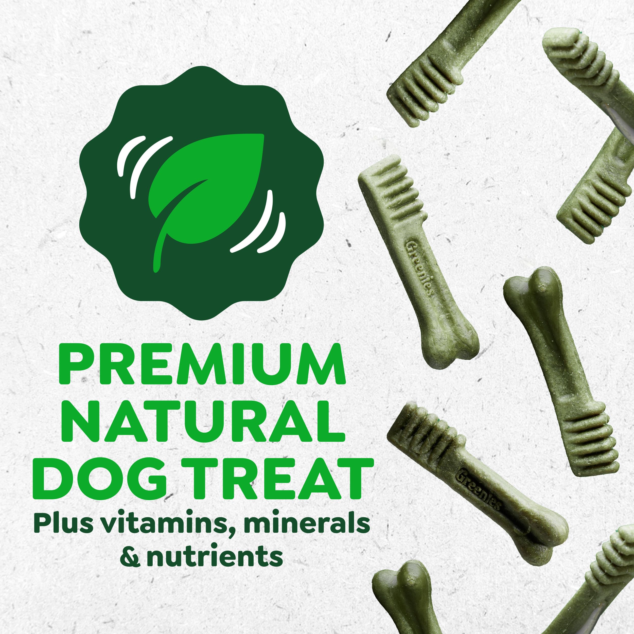 Greenies dental treats packaging highlighting tartar and plaque control potential.