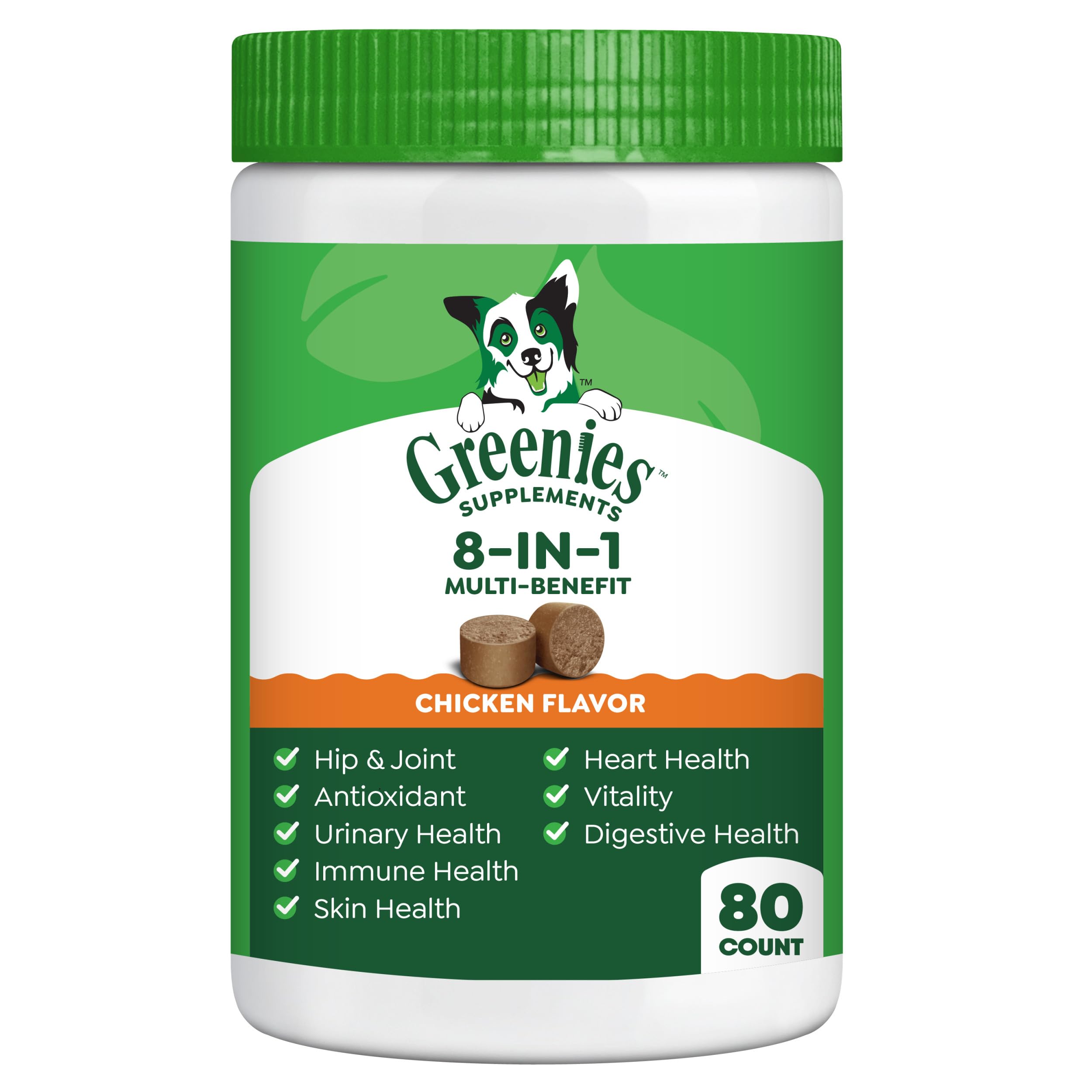 Greenies 8-in-1 bottle-front shows packaging with chicken flavor.