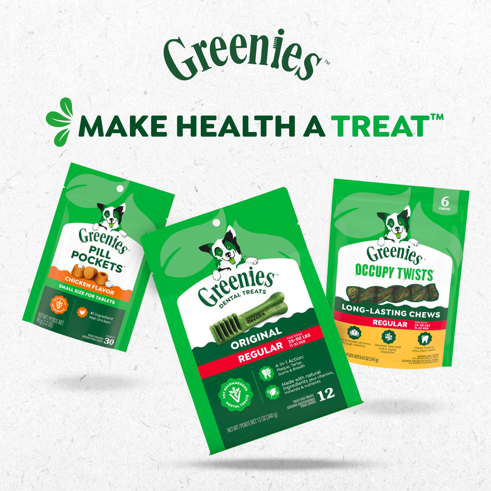 Greenies dog treats ingredient list highlighting natural components and vitamins.