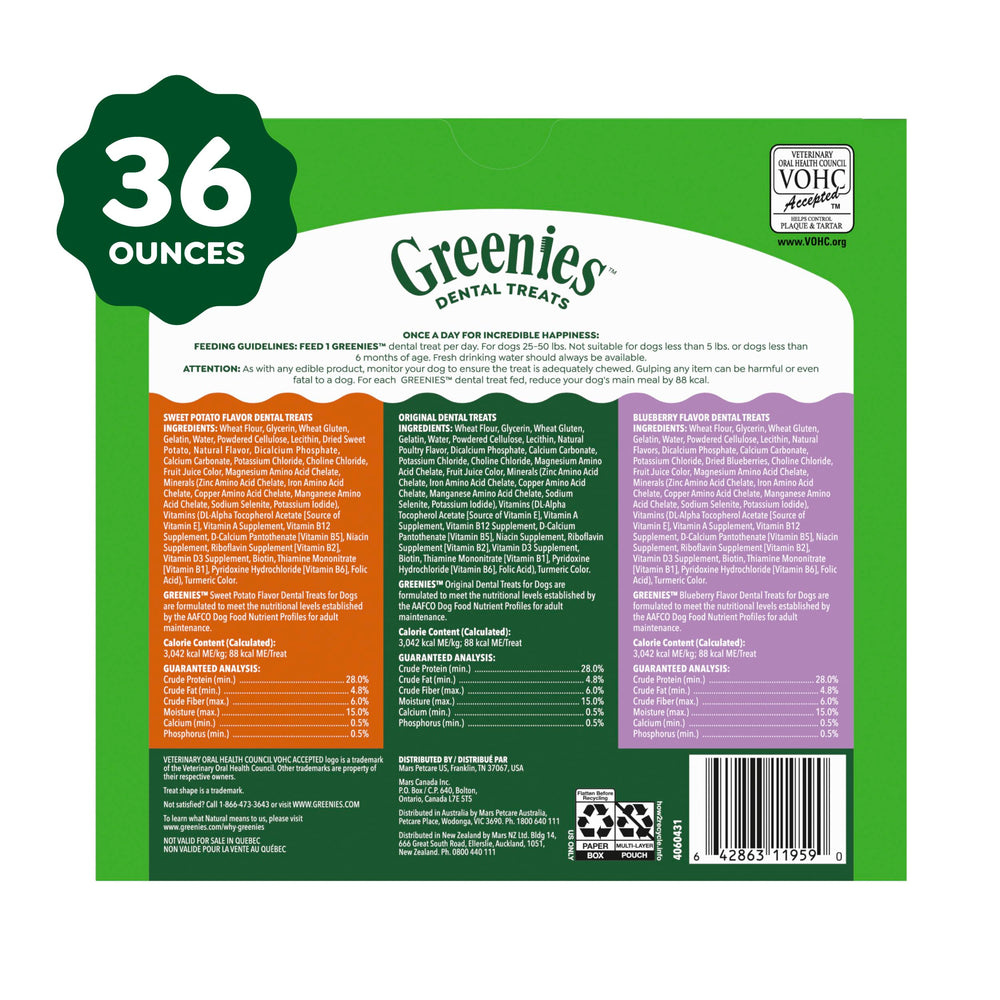 Greenies easy-to-chew bendable treats shown in hand.