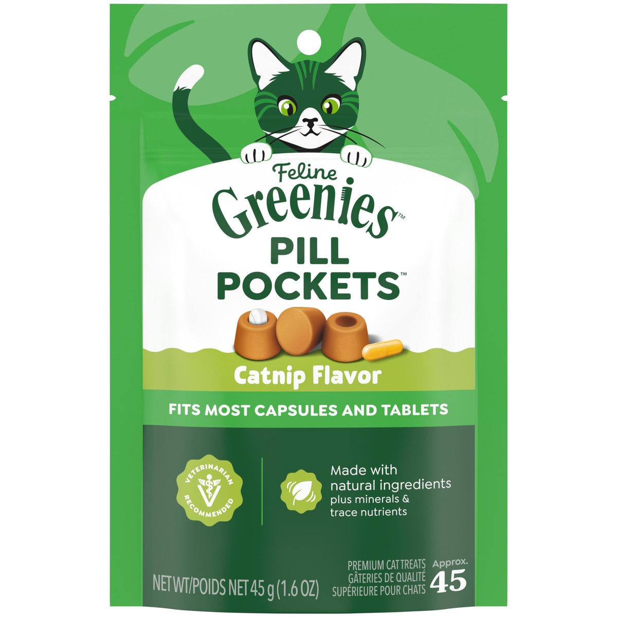 Greenies Feline Pill Pockets catnip treat pack close-up for easy medication time.