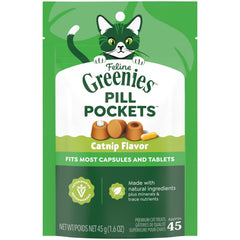 Greenies Feline Pill Pockets catnip treat pack close-up for easy medication time.