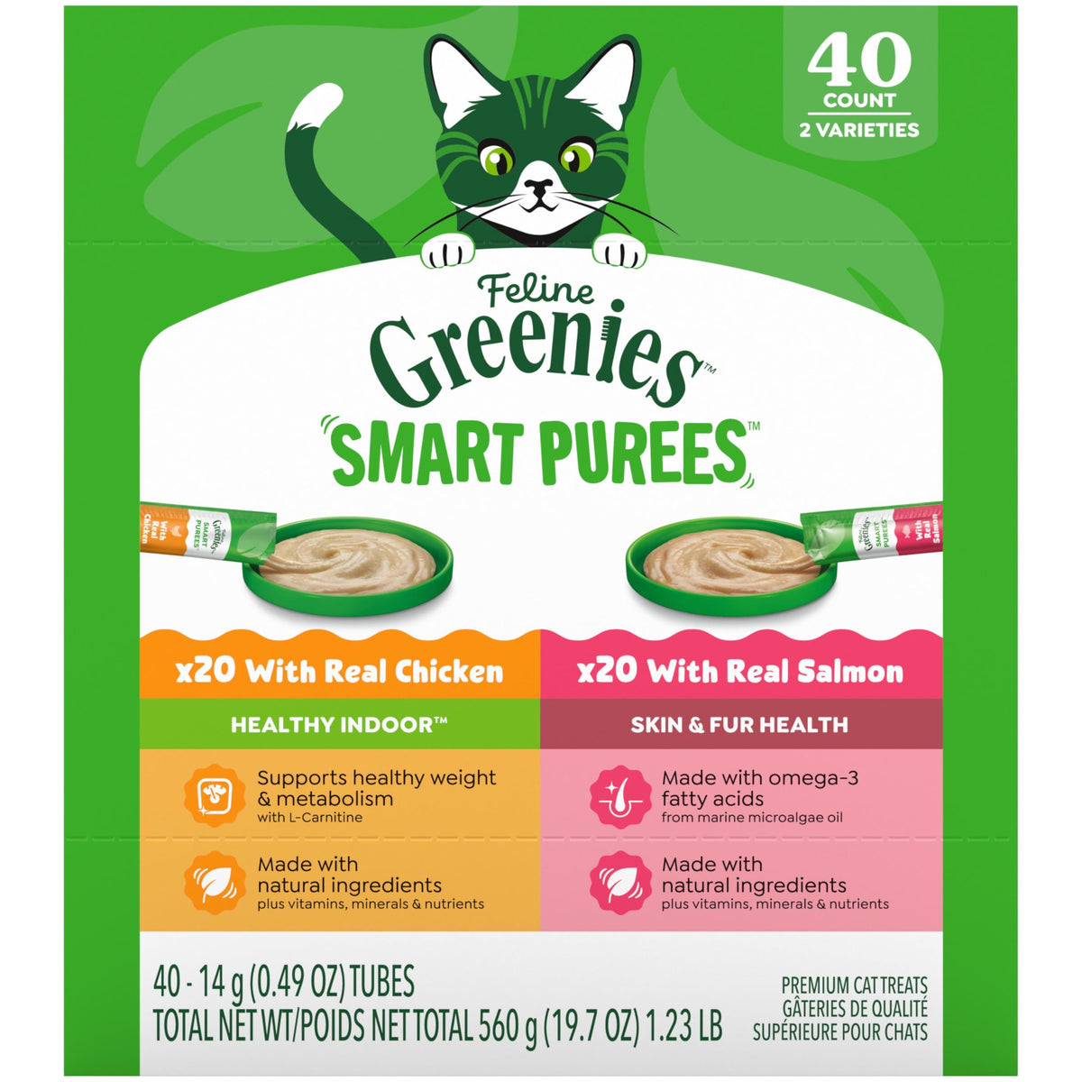 Greenies Feline Smart Purees real chicken tube shows protein-rich treat for healthy muscles