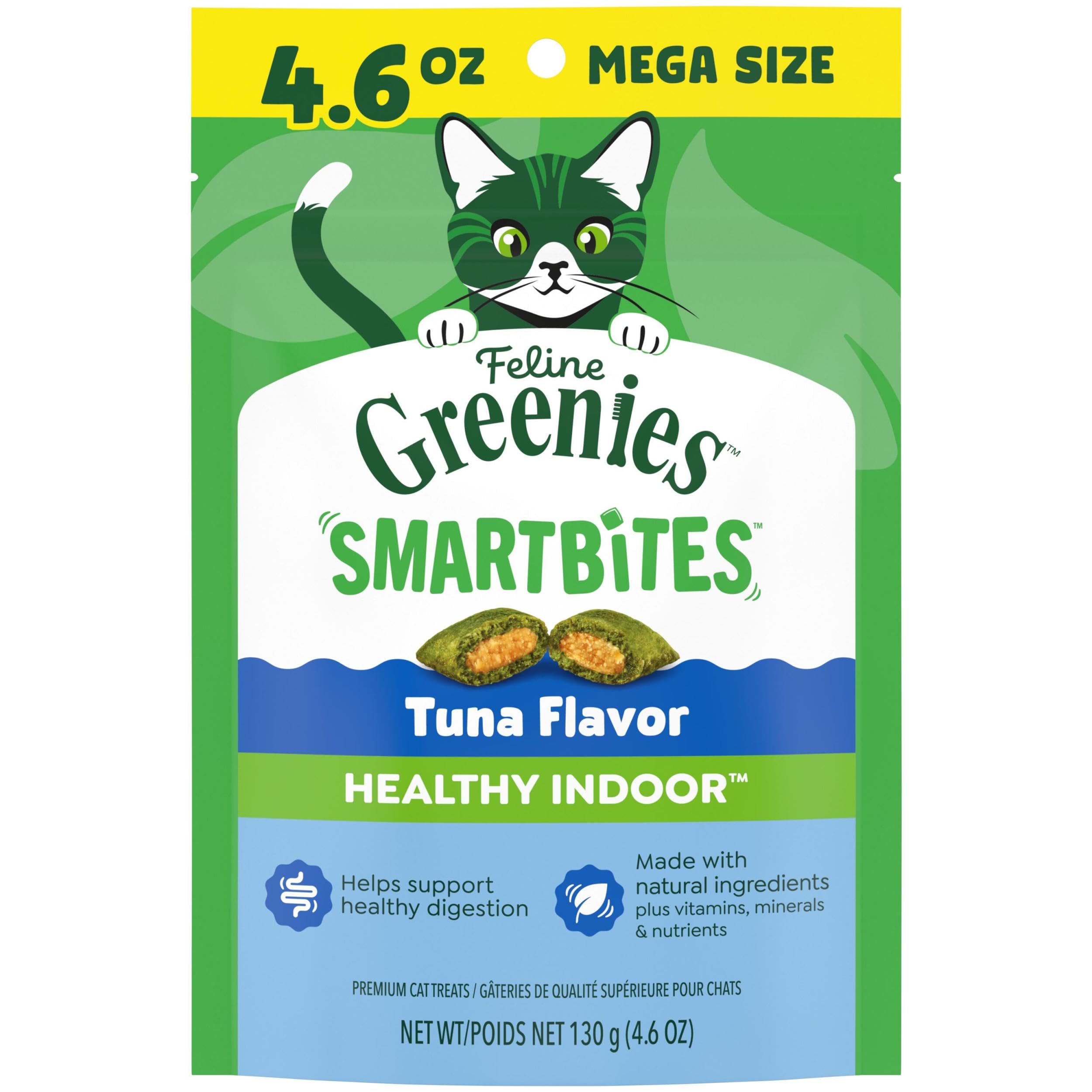 Greenies Feline Smartbites tuna-treats-pack for indoor cats offers a tasty reward.