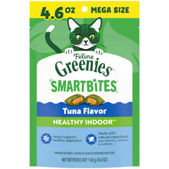 Greenies Feline Smartbites tuna-treats-pack for indoor cats offers a tasty reward.