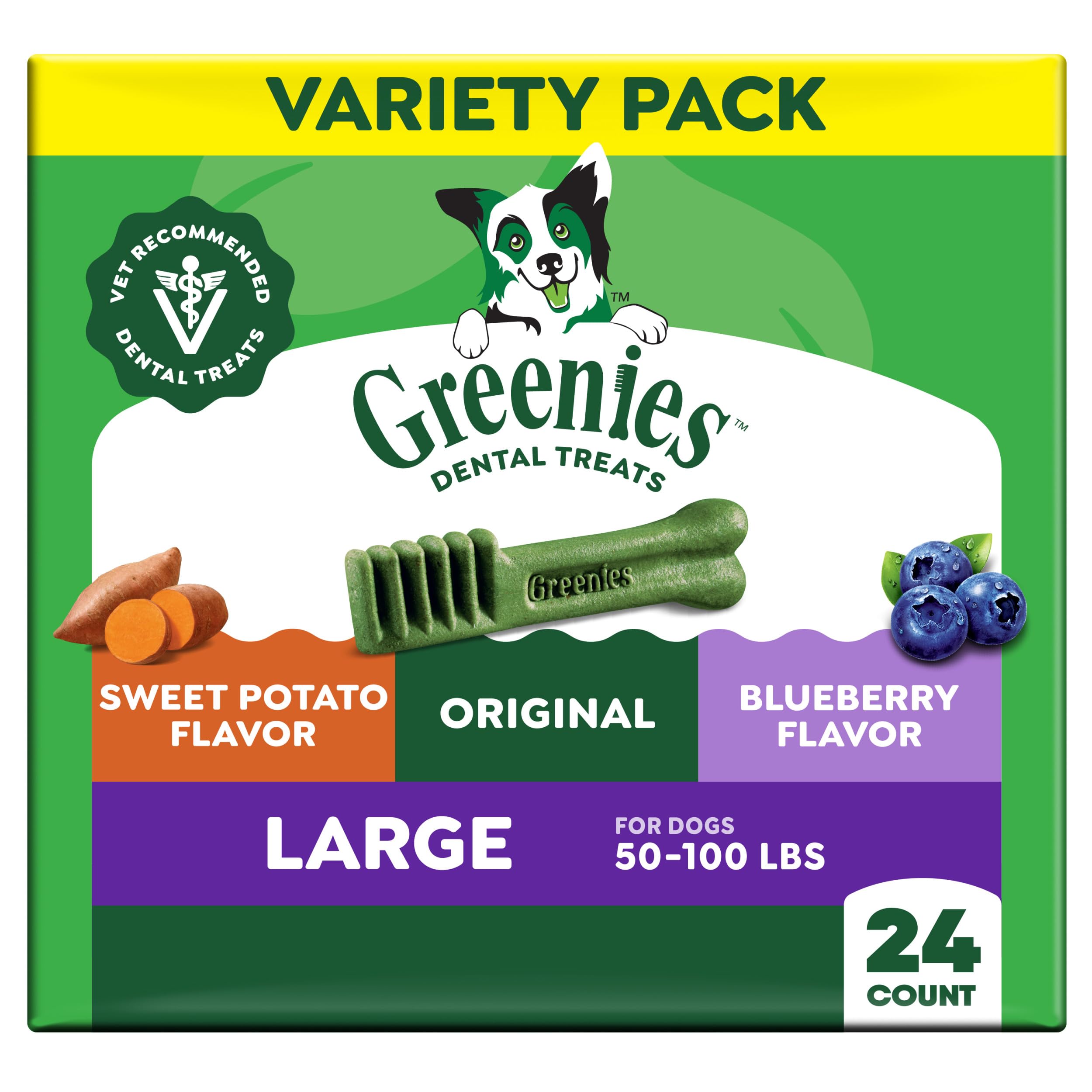 Greenies large dog dental chews pack 24count shown for daily dental care.