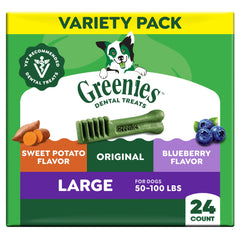 Greenies large dog dental chews pack 24count shown for daily dental care.