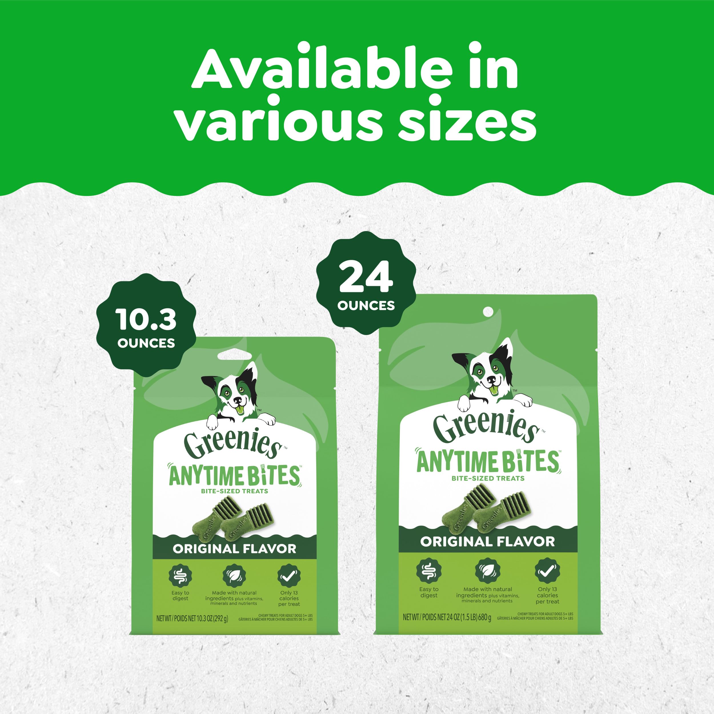 Greenies made in USA facilities icon on packaging indicating quality.