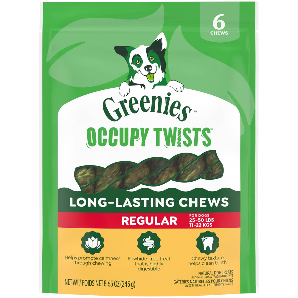 Greenies Occupy Twists bag front view, ready to entice dogs