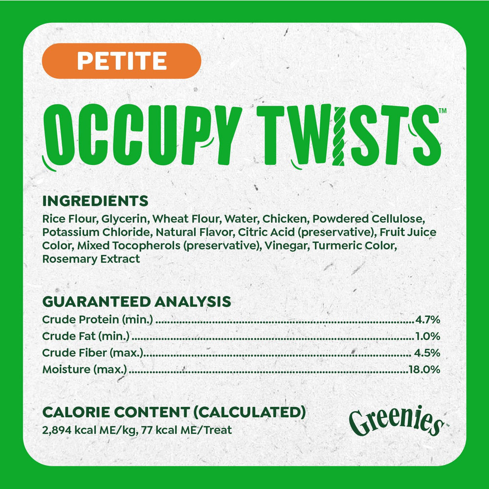 Greenies Occupy Twists ingredients panel emphasizes no artificial flavors or fillers.