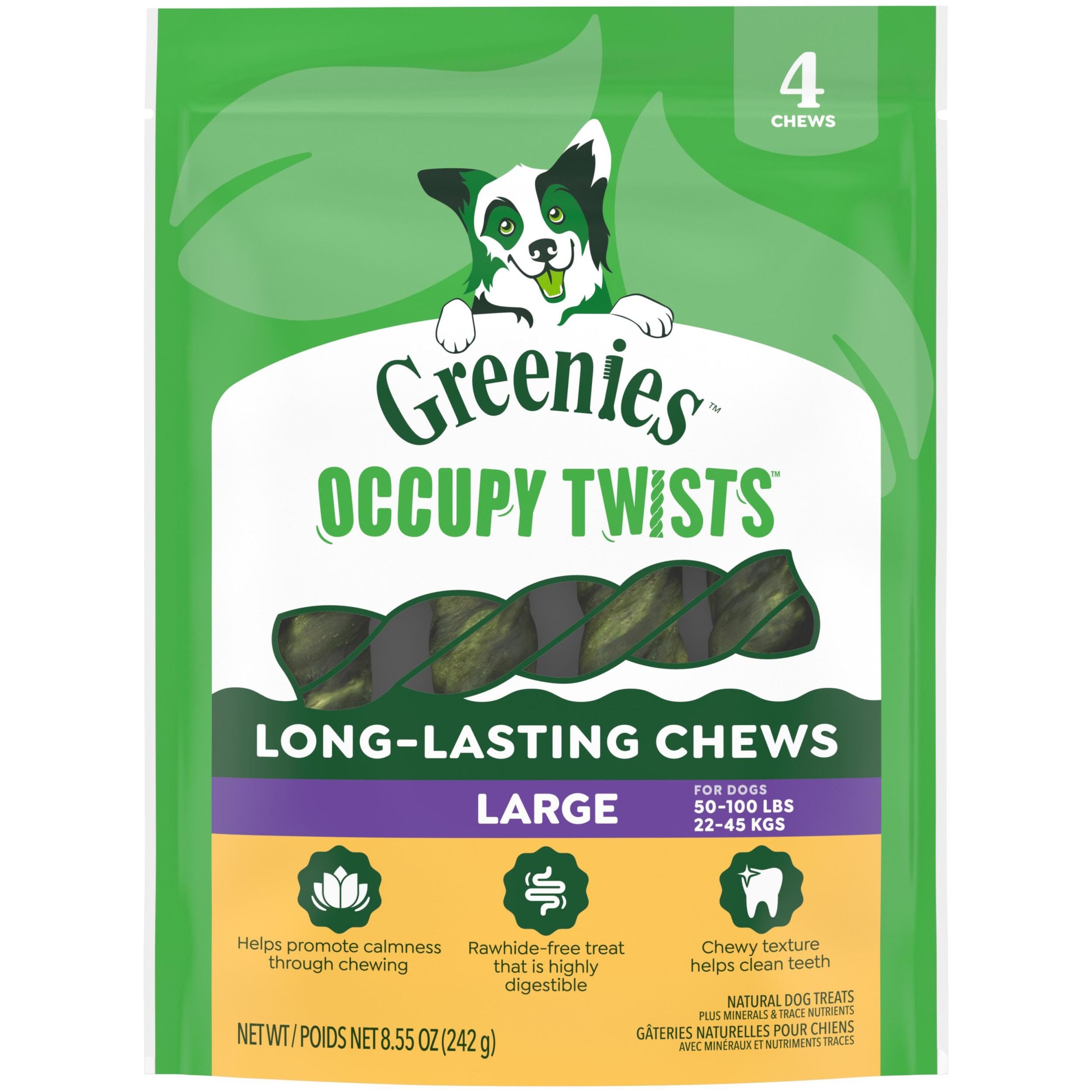 Greenies Occupy Twists large-breed pack front view highlighting long lasting chews