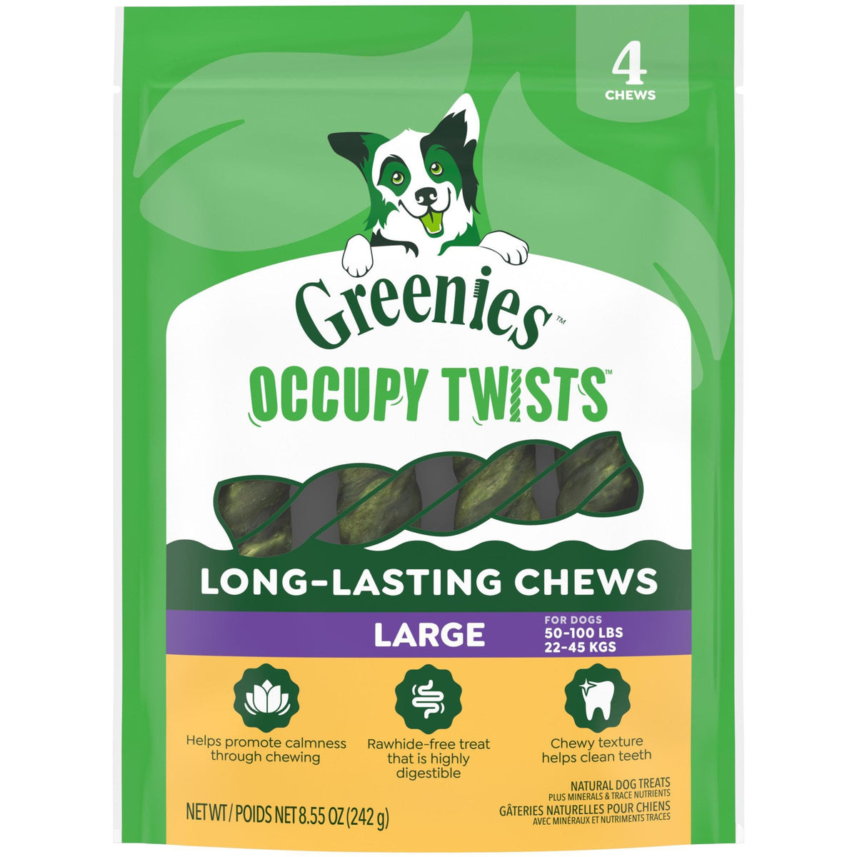 Greenies Occupy Twists large-breed pack front view highlighting long lasting chews