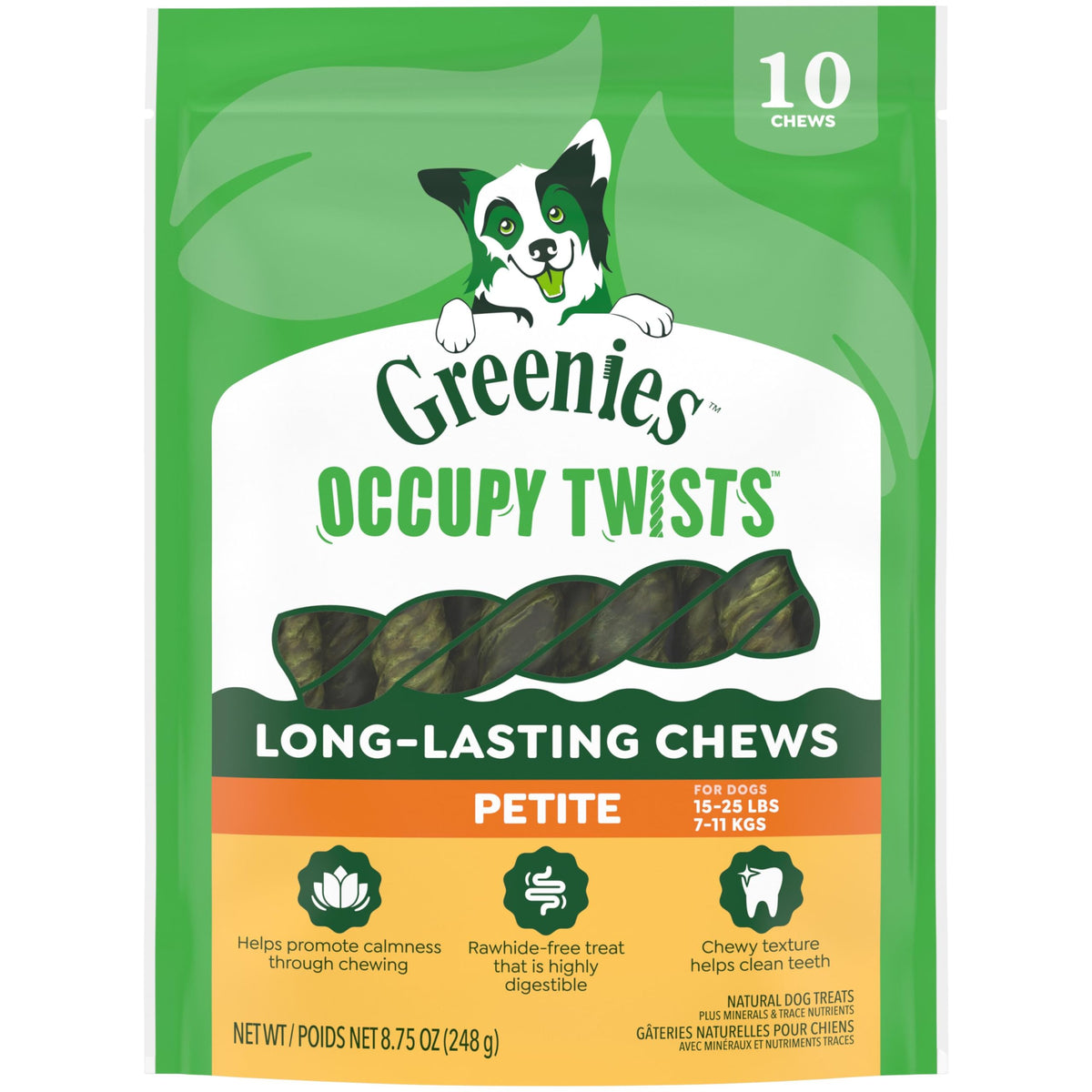 Greenies Occupy Twists petite pack front label highlights natural ingredients for dogs.
