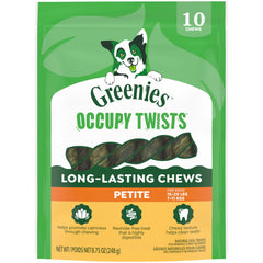 Greenies Occupy Twists petite pack front label highlights natural ingredients for dogs.