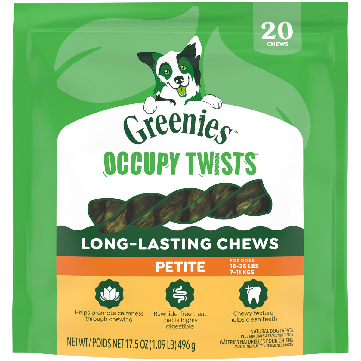 Greenies Occupy Twists petite pack keeps dogs 15-25 lbs engaged during chew.