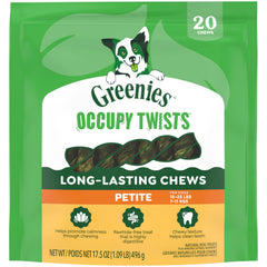 Greenies Occupy Twists petite pack keeps dogs 15-25 lbs engaged during chew.