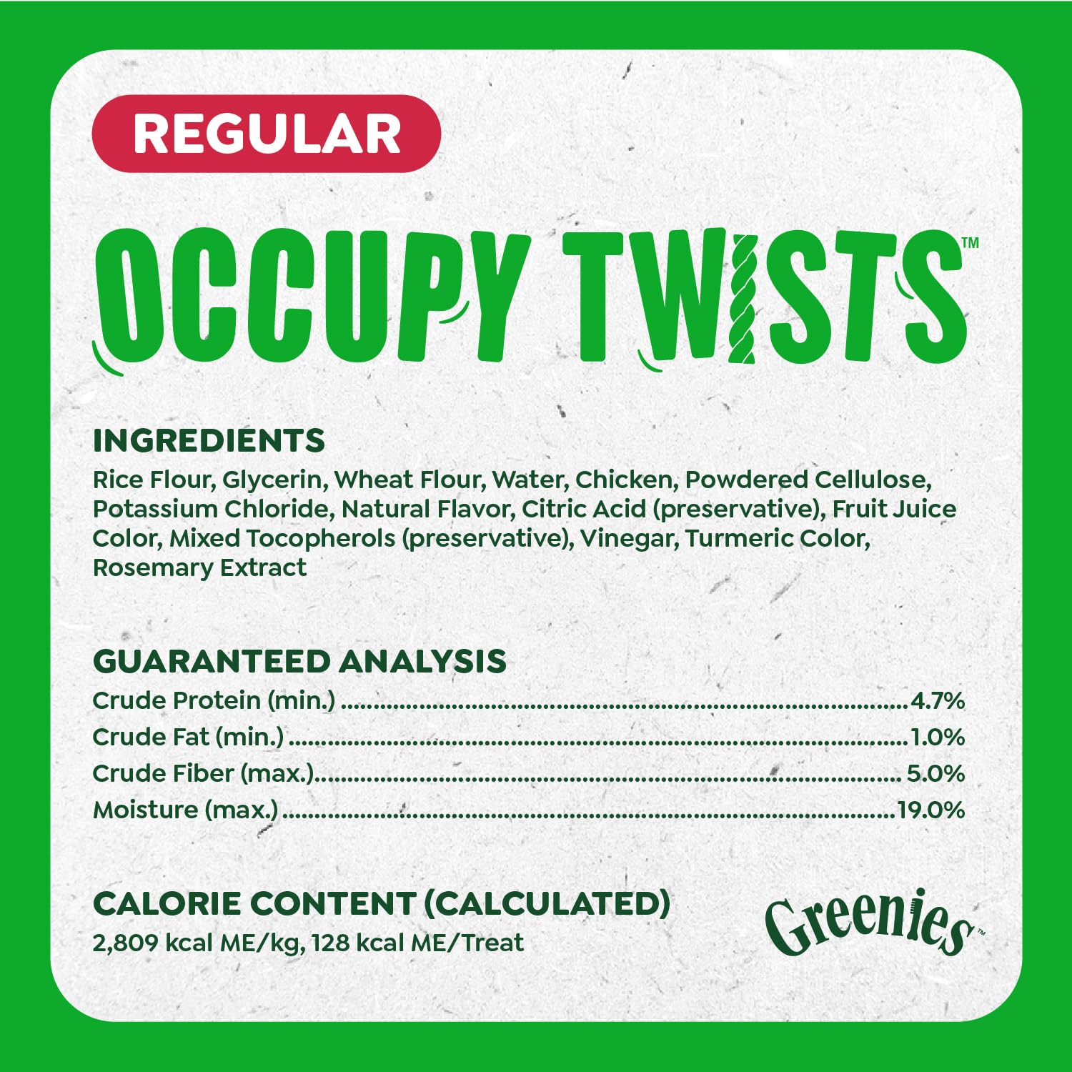 Greenies Occupy Twists rawhide-free label close-up promotes safer chewing.