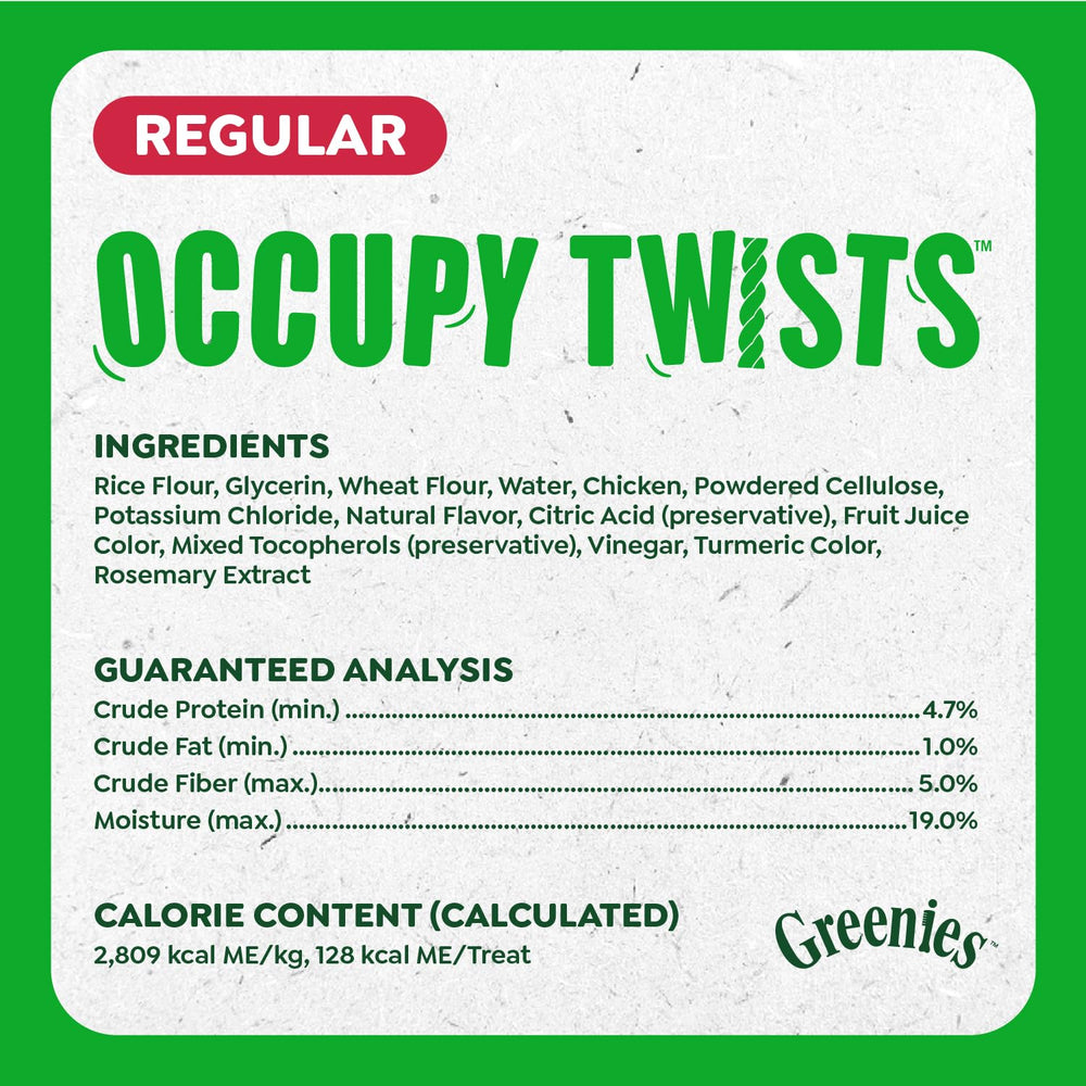 Greenies Occupy Twists rawhide-free label close-up promotes safer chewing.
