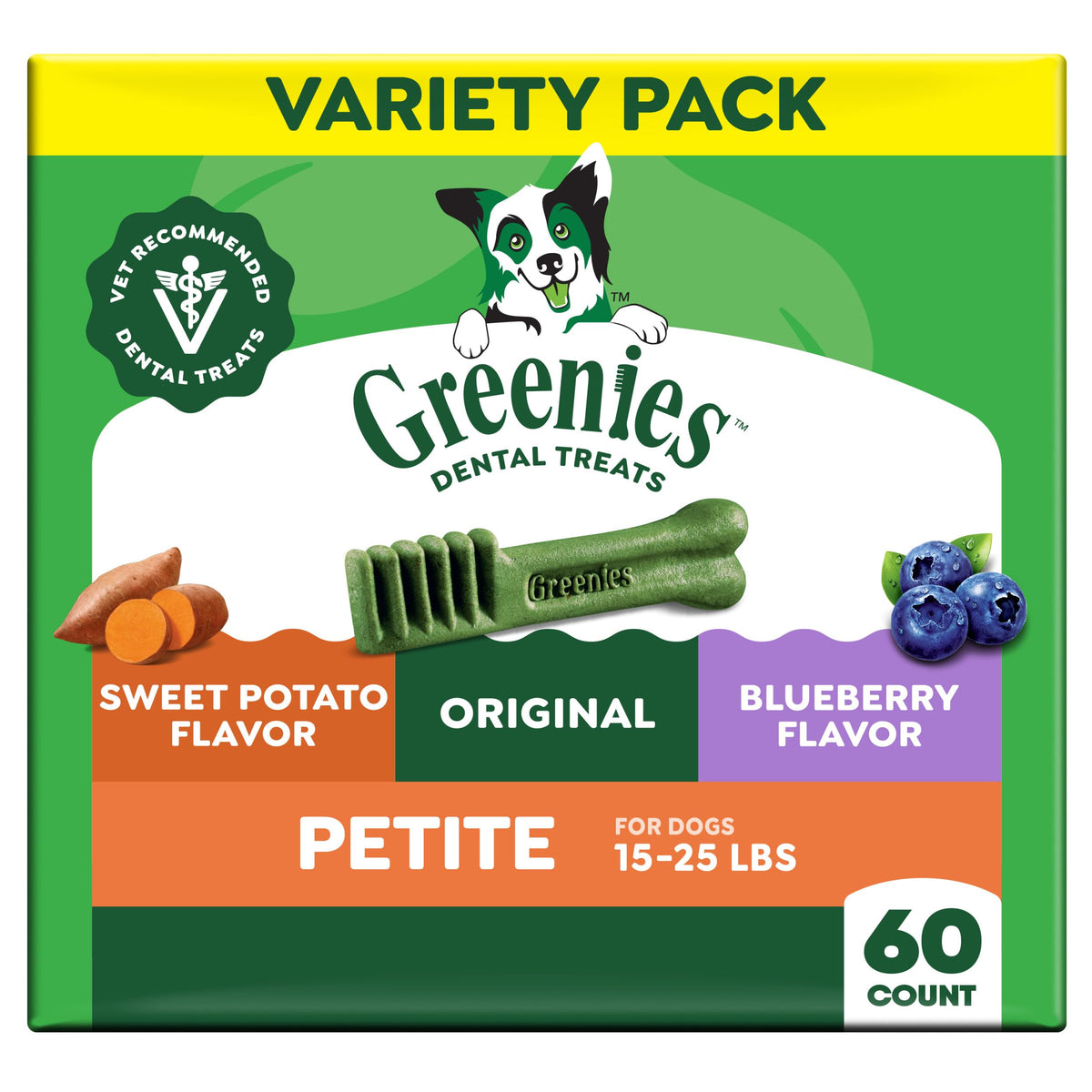 Greenies Petite packaging front, vet-recommended dental treats.