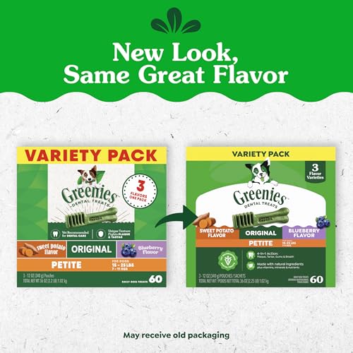 Greenies Petite treats pack shows variety flavors for daily dental care.