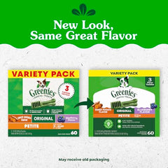 Greenies Petite treats pack shows variety flavors for daily dental care.