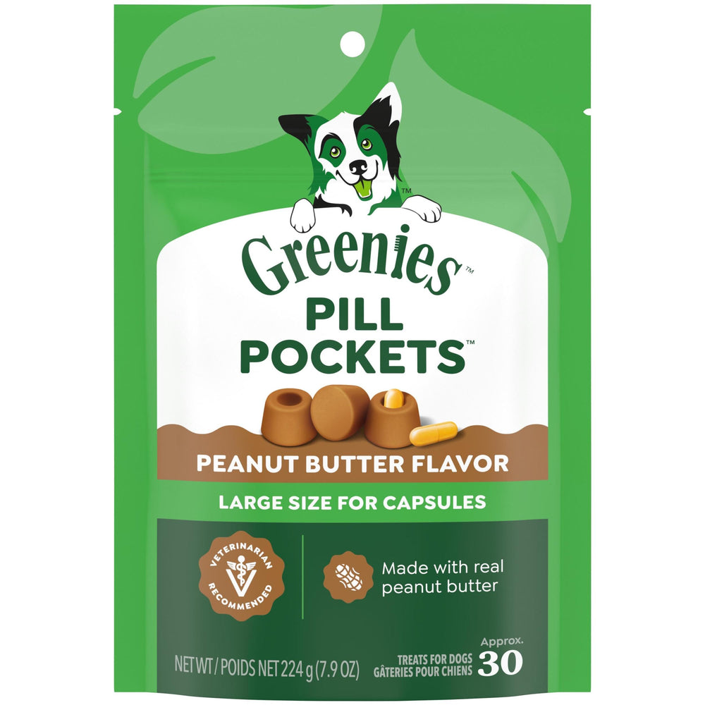 Greenies Pill Pockets large-size packaging demonstrates a ready-to-use treat for capsules.