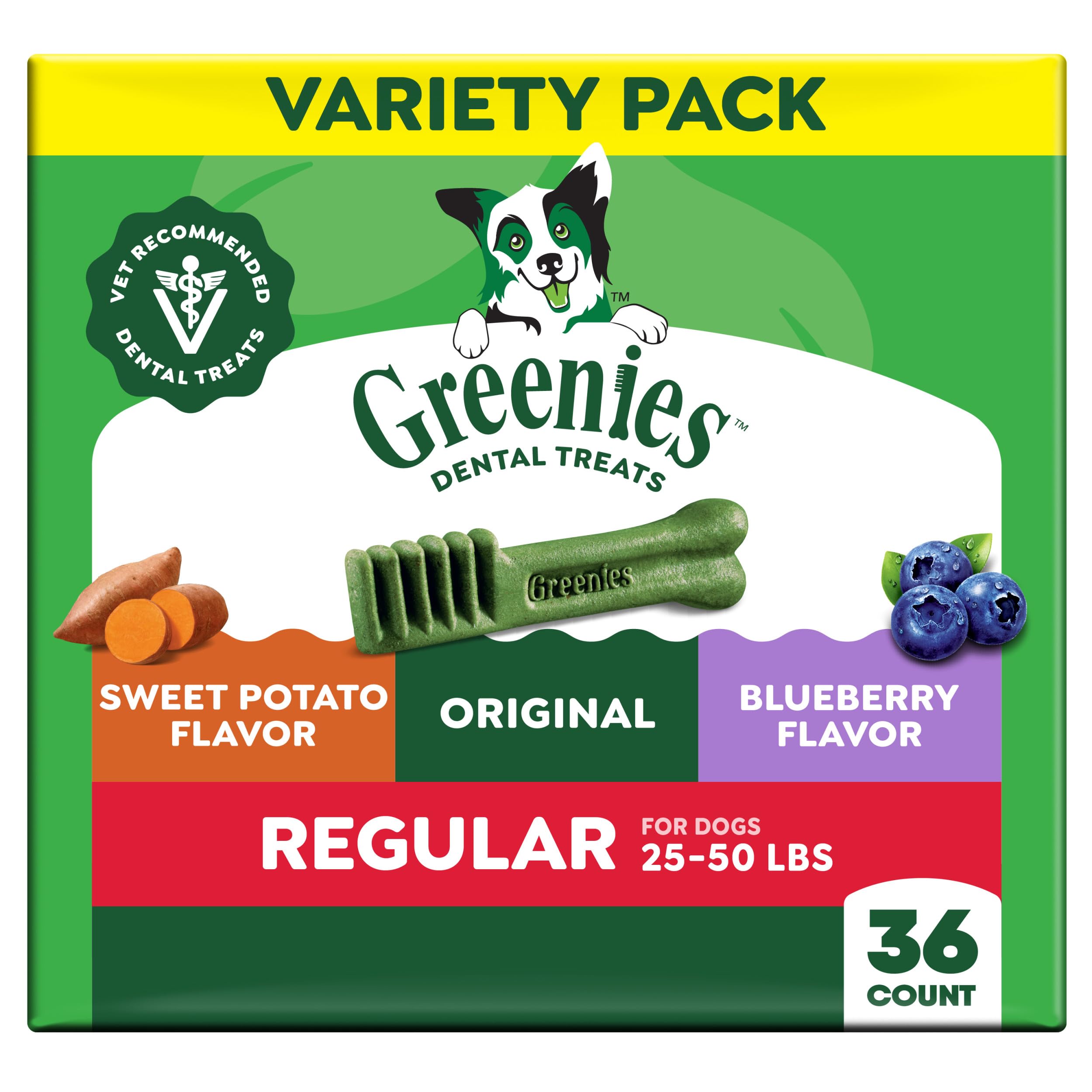 Greenies regular size packaging front shows dog dental treats for daily oral care.
