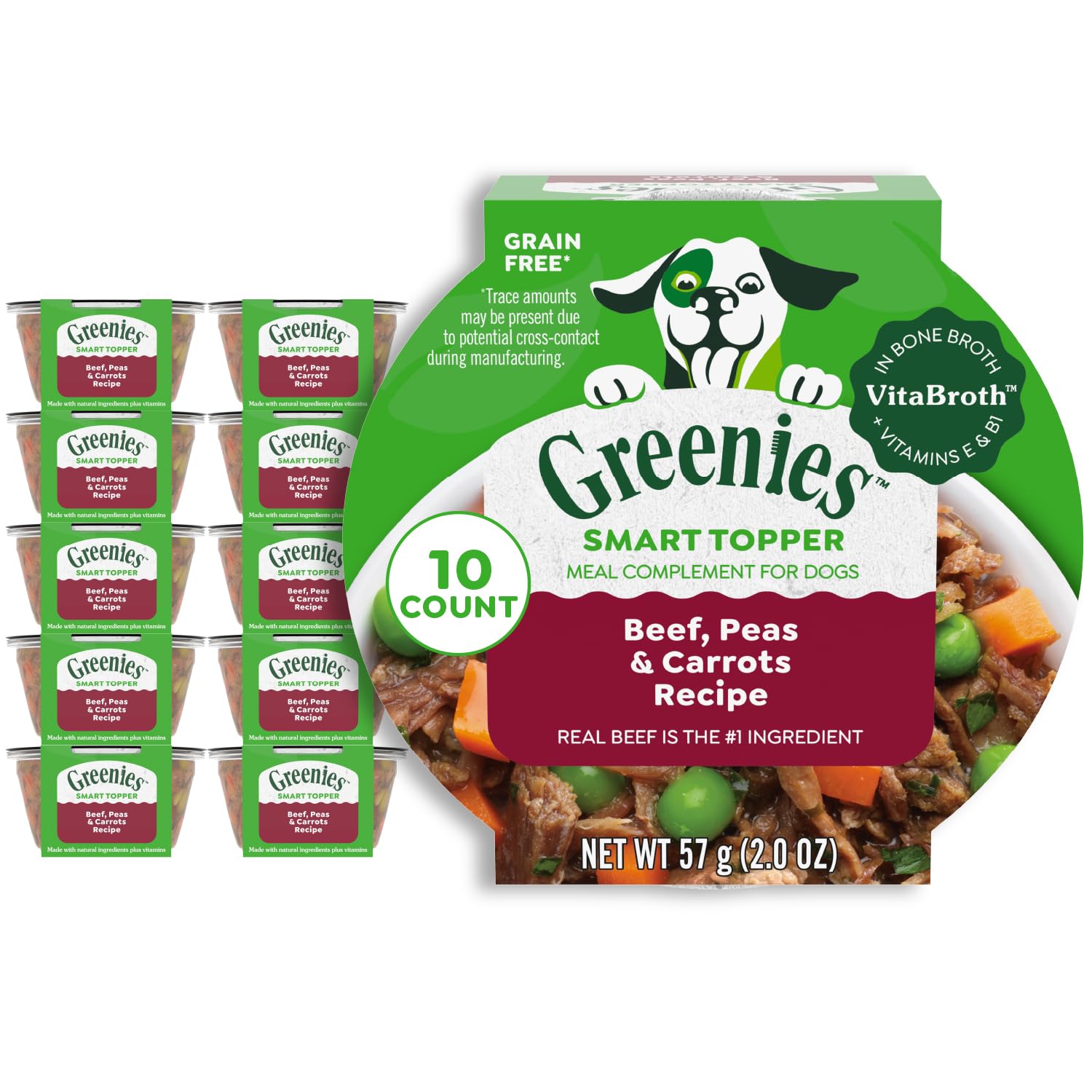 Greenies Smart Topper beef recipe label on pouch, high-protein dog meal add-in.