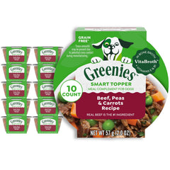 Greenies Smart Topper beef recipe label on pouch, high-protein dog meal add-in.