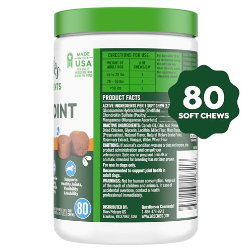Greenies soft chews real chicken flavor for joint comfort.