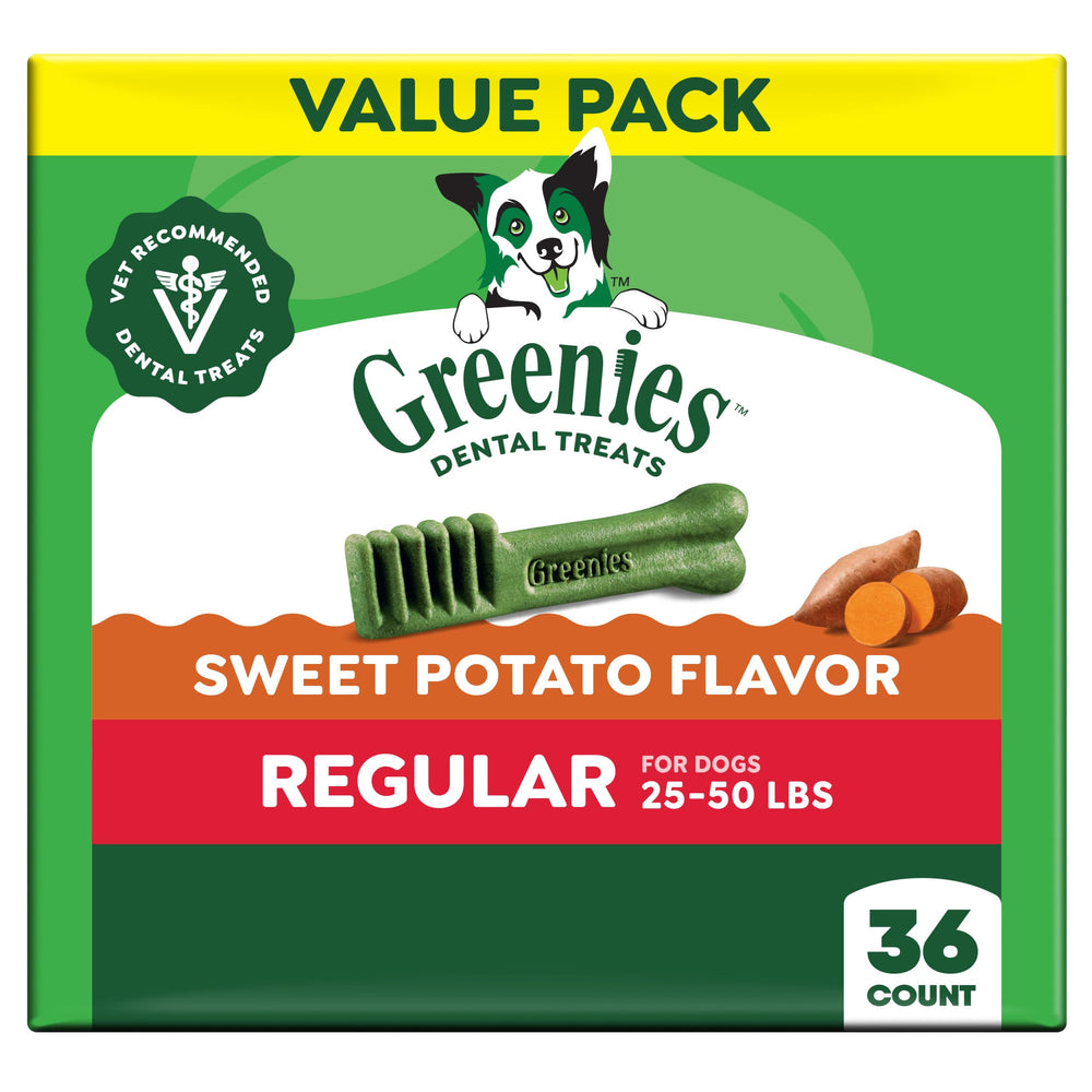 Greenies sweet-potato regular-size dental chews bag promoting daily oral care.