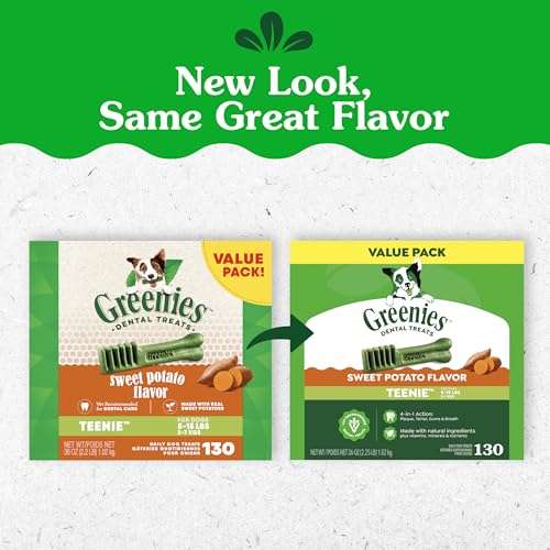 Greenies Teenie dog chews in an open bag show daily dental care for tiny breeds.