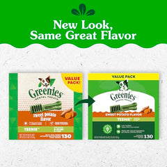Greenies Teenie dog chews in an open bag show daily dental care for tiny breeds.
