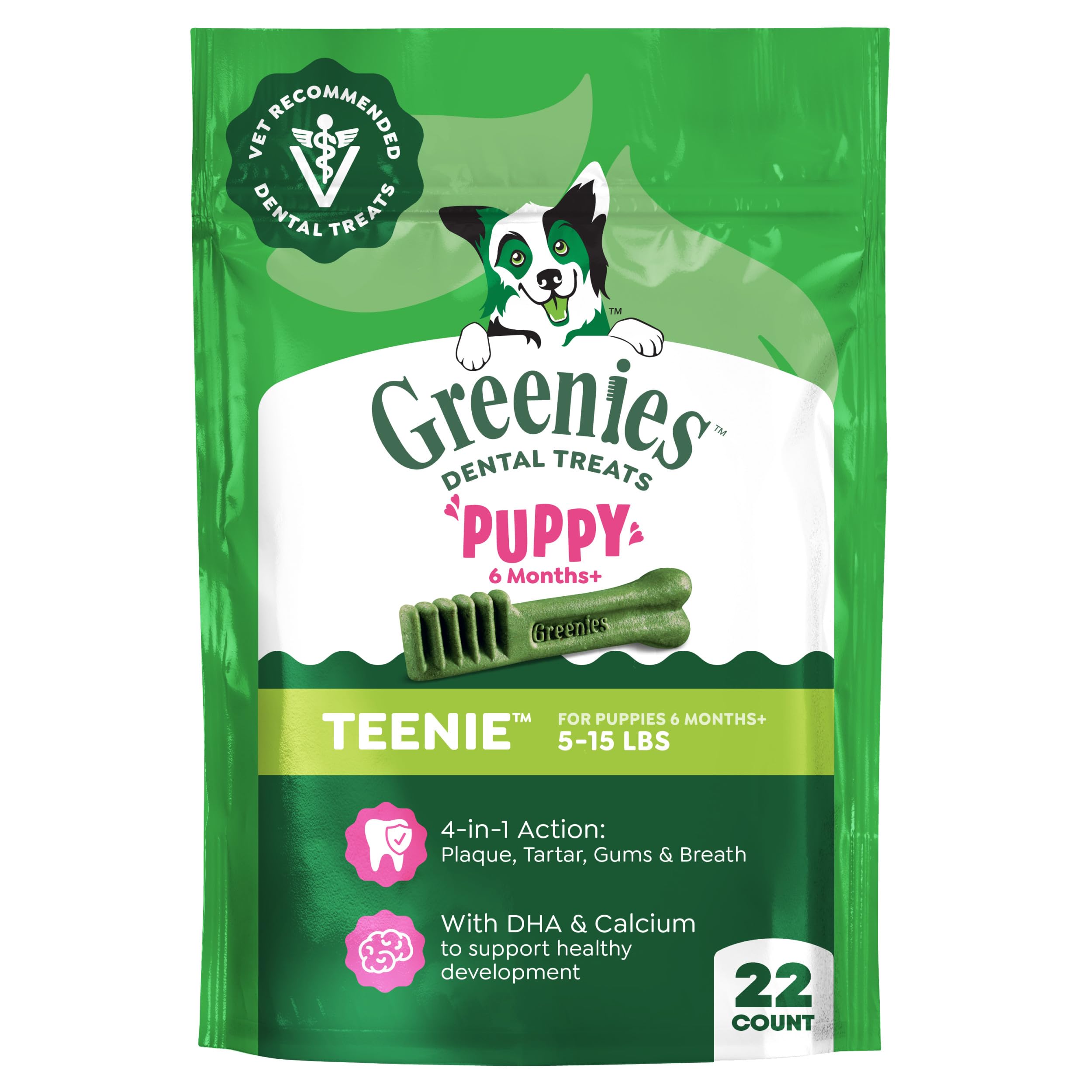 Greenies teenie puppy dental chews clean teeth and freshen breath.