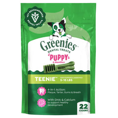 Greenies teenie puppy dental chews clean teeth and freshen breath.