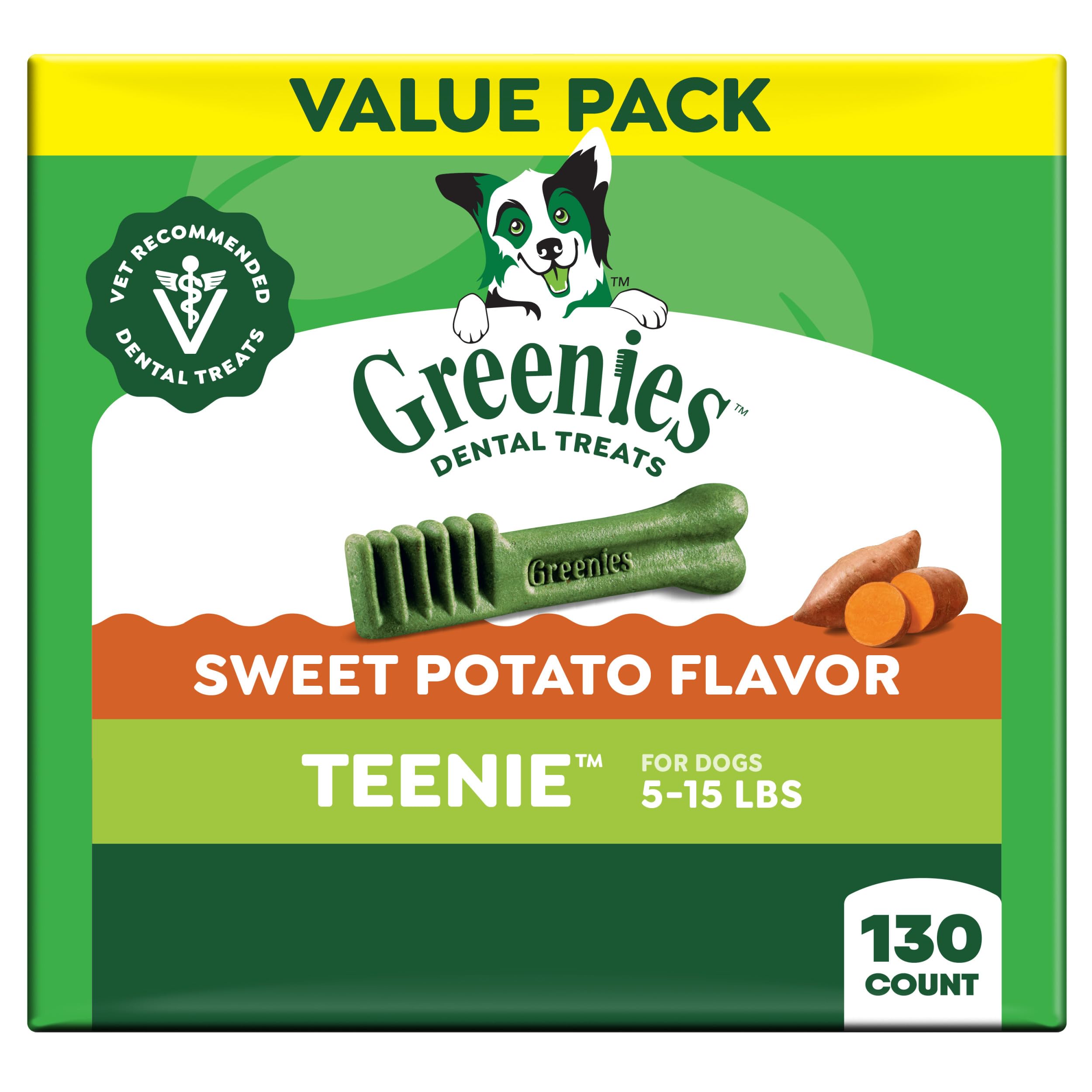 Greenies Teenie sweet-potato dental treats in a bag support small-dog breath freshness.