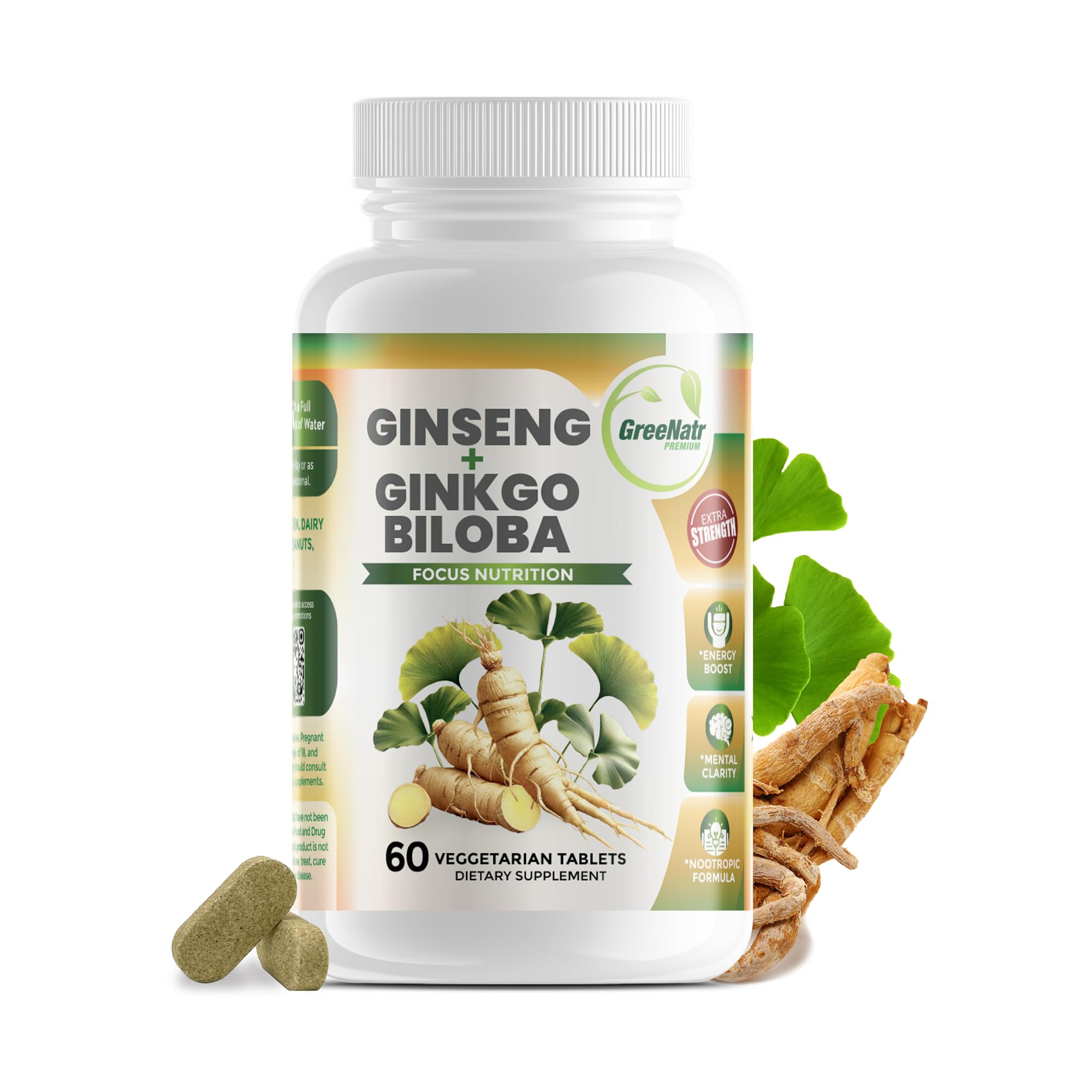GreeNatr ginkgo biloba panax ginseng bottle supports daily brain health.