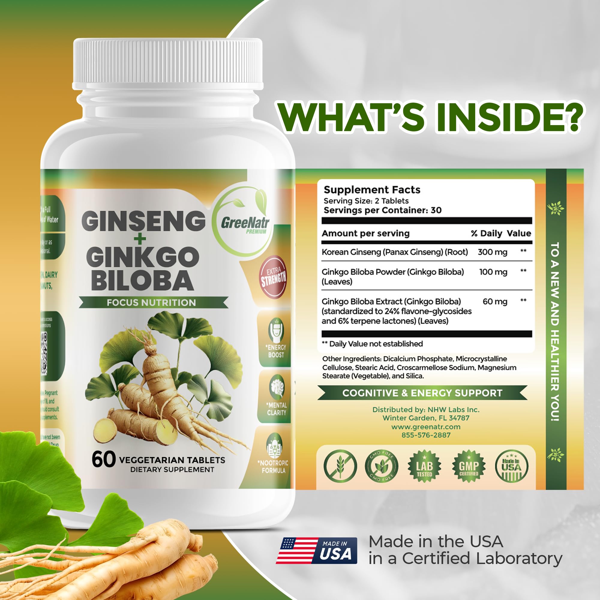 GreeNatr vegan gluten-free label signals clean brain health support.