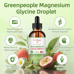 Strawberry label on GREENPEOPLE Magnesium Glycinate Liquid Drops bottle.