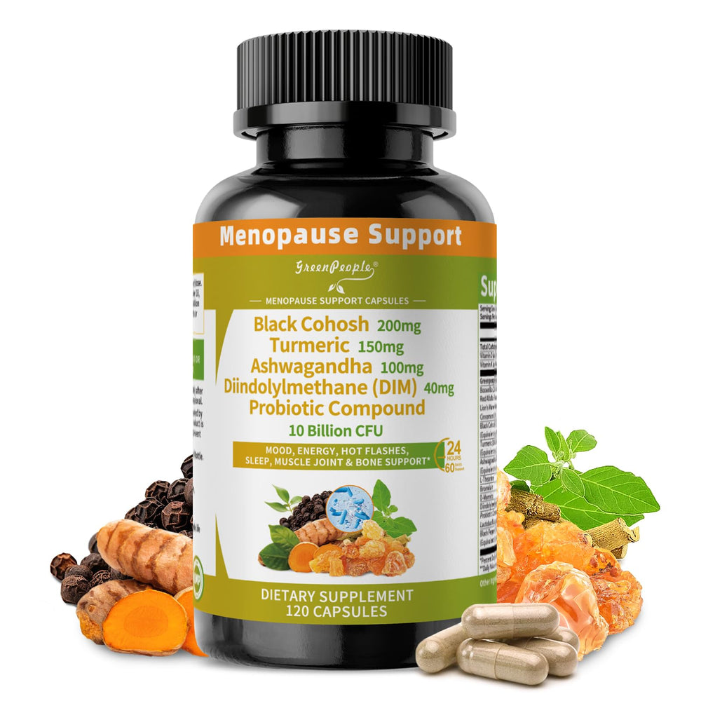 GreenPeople Menopause bottle front promotes natural hormonal balance for daily comfort.