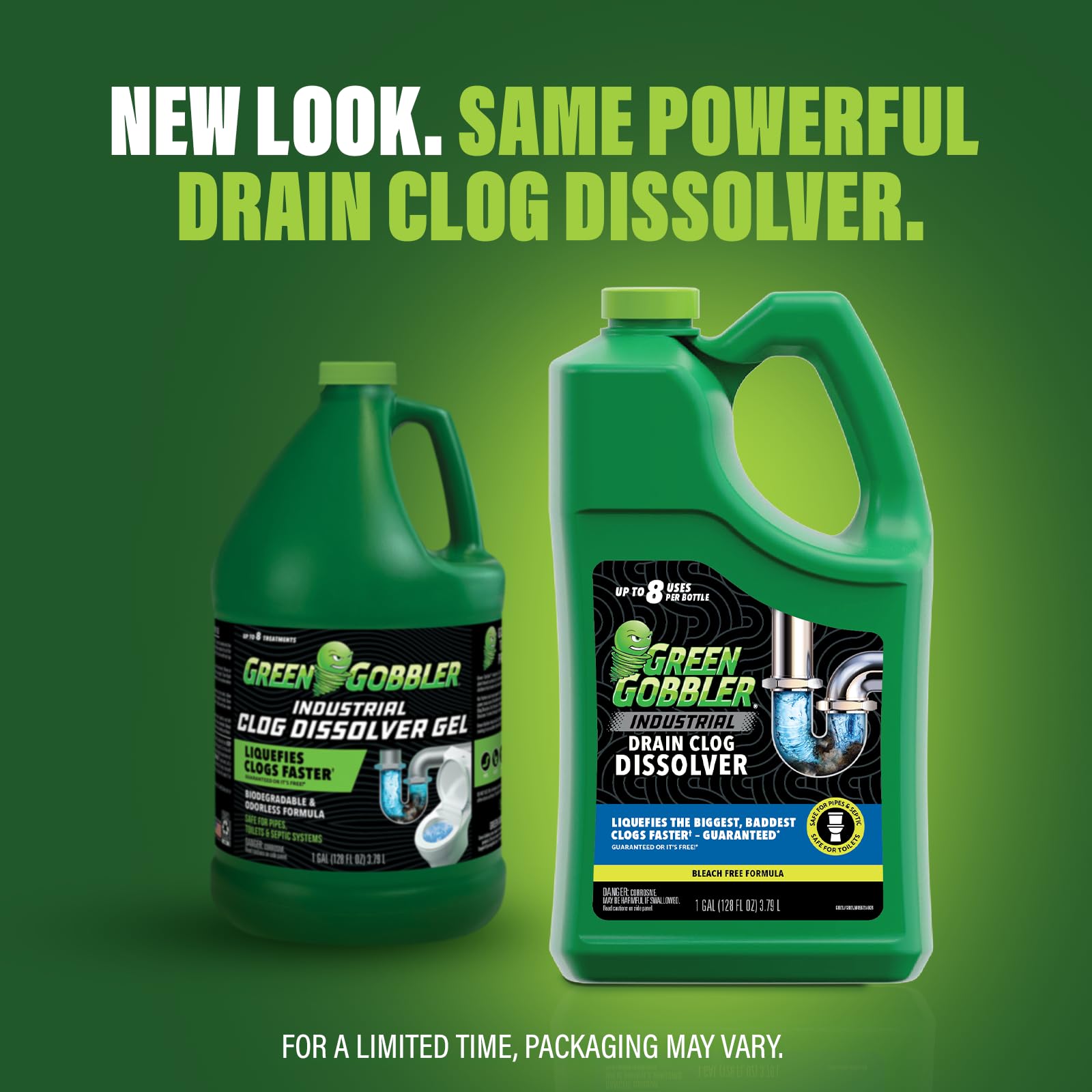 Green Gobbler bottle pouring into standing water starts clog removal
