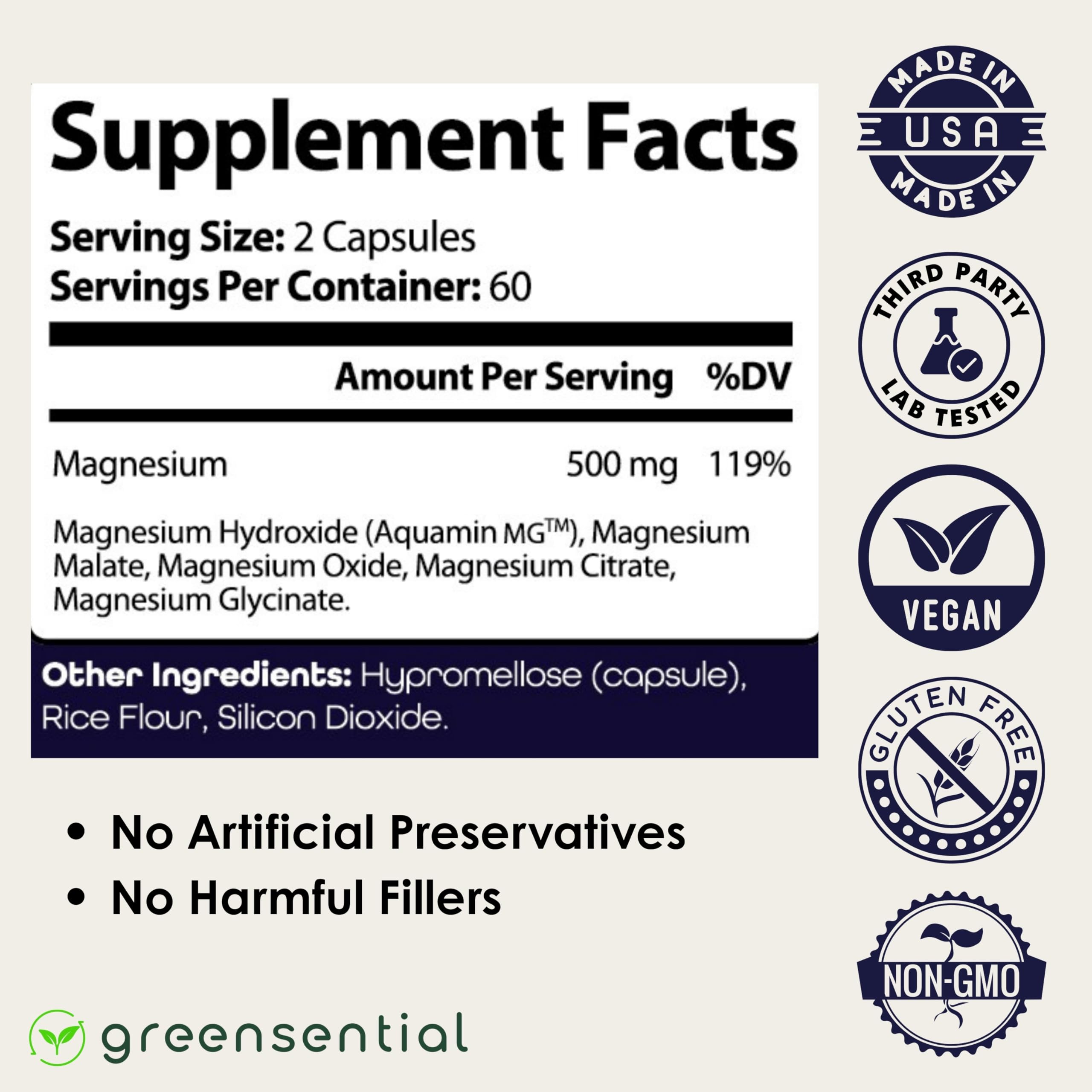 Greensential 5-in-1 Magnesium capsules inside container demonstrate convenient daily intake