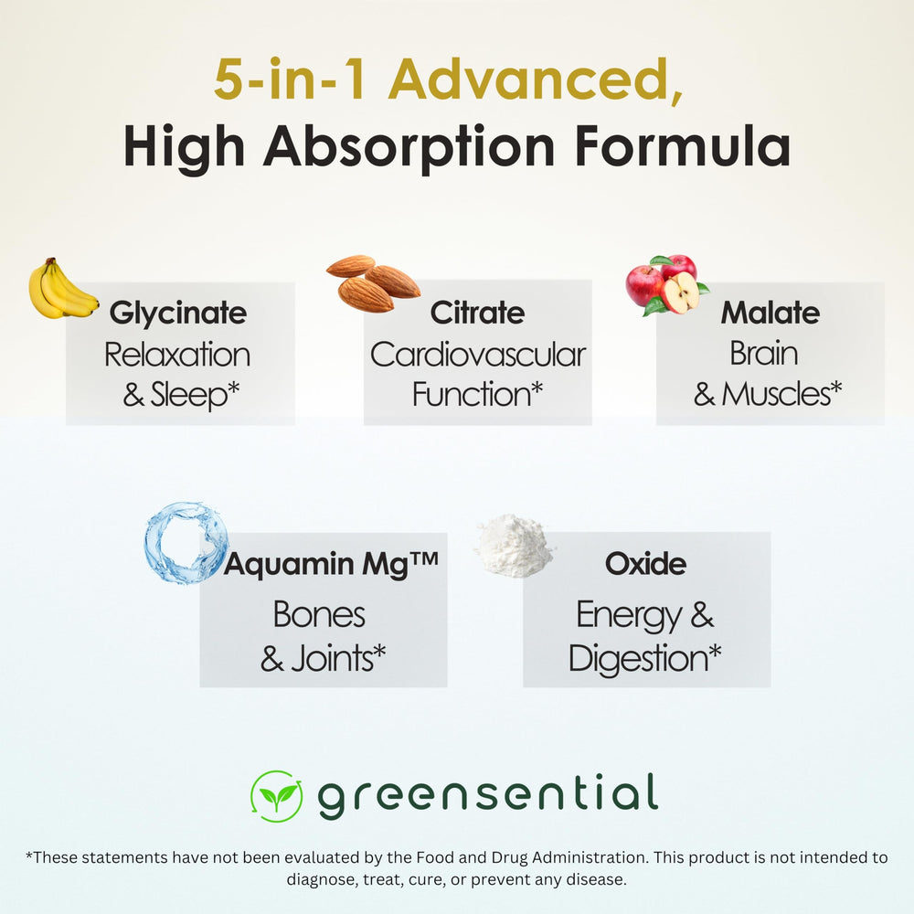Greensential 5-in-1 Magnesium capsules on hand illustrate easy supplementation