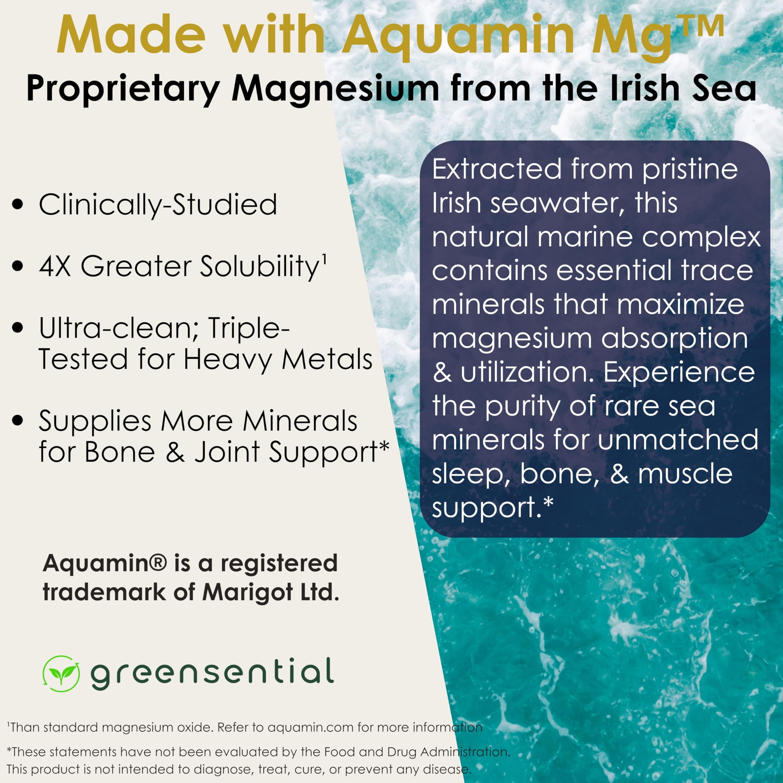 Greensential 5-in-1 magnesium dosage image shows 500mg serving per capsule
