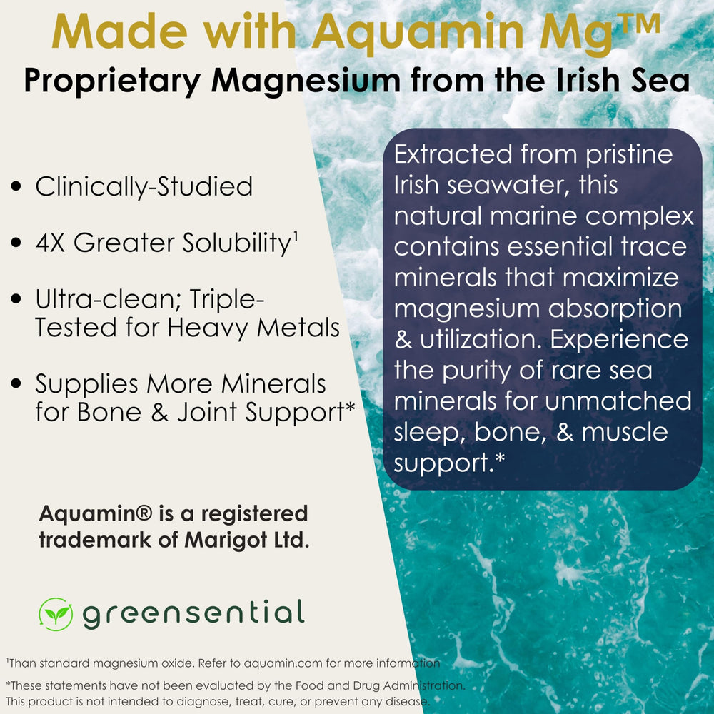 Greensential 5-in-1 magnesium dosage image shows 500mg serving per capsule