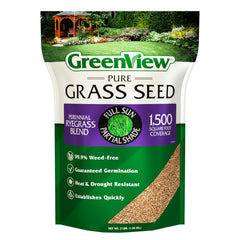 GreenView Pure Grass Seed Perennial Ryegrass Blend bag highlights quick, even seeding for a lush lawn.