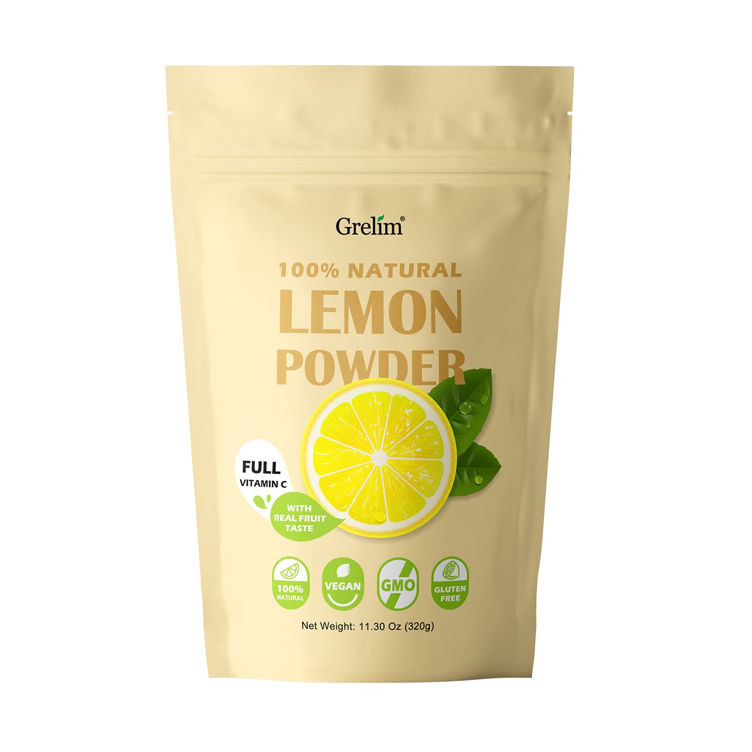 Grelim Lemon Powder bottle with label highlights natural flavor and vitamin C.